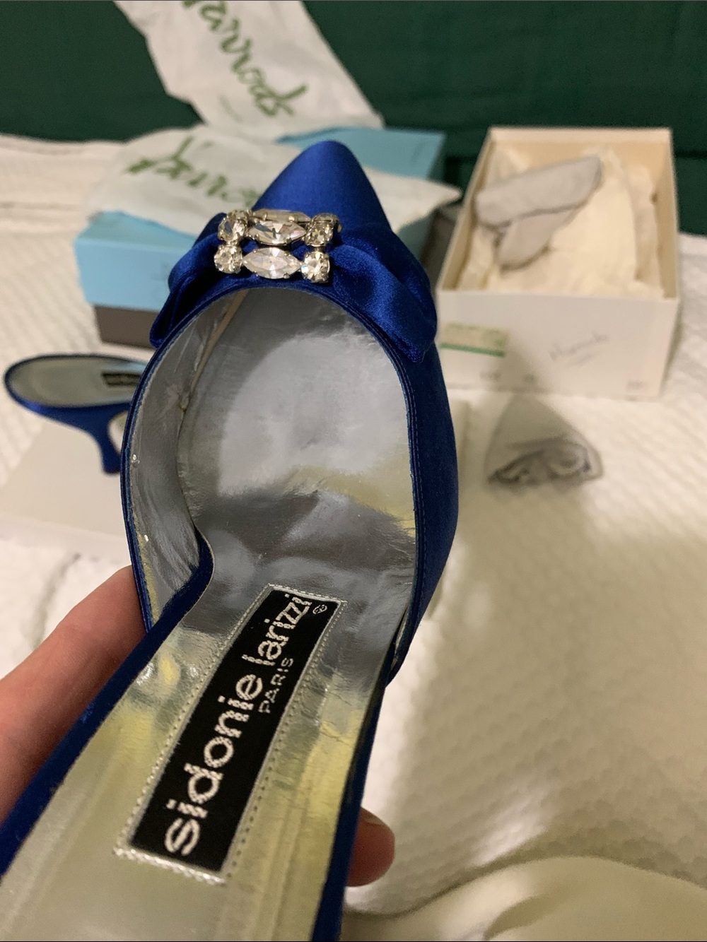 Sidonie Larizzí Harrods 38.5 Royal Blue Satin Pointed Toe Heels Crystal Buckle - Picture 10 of 10